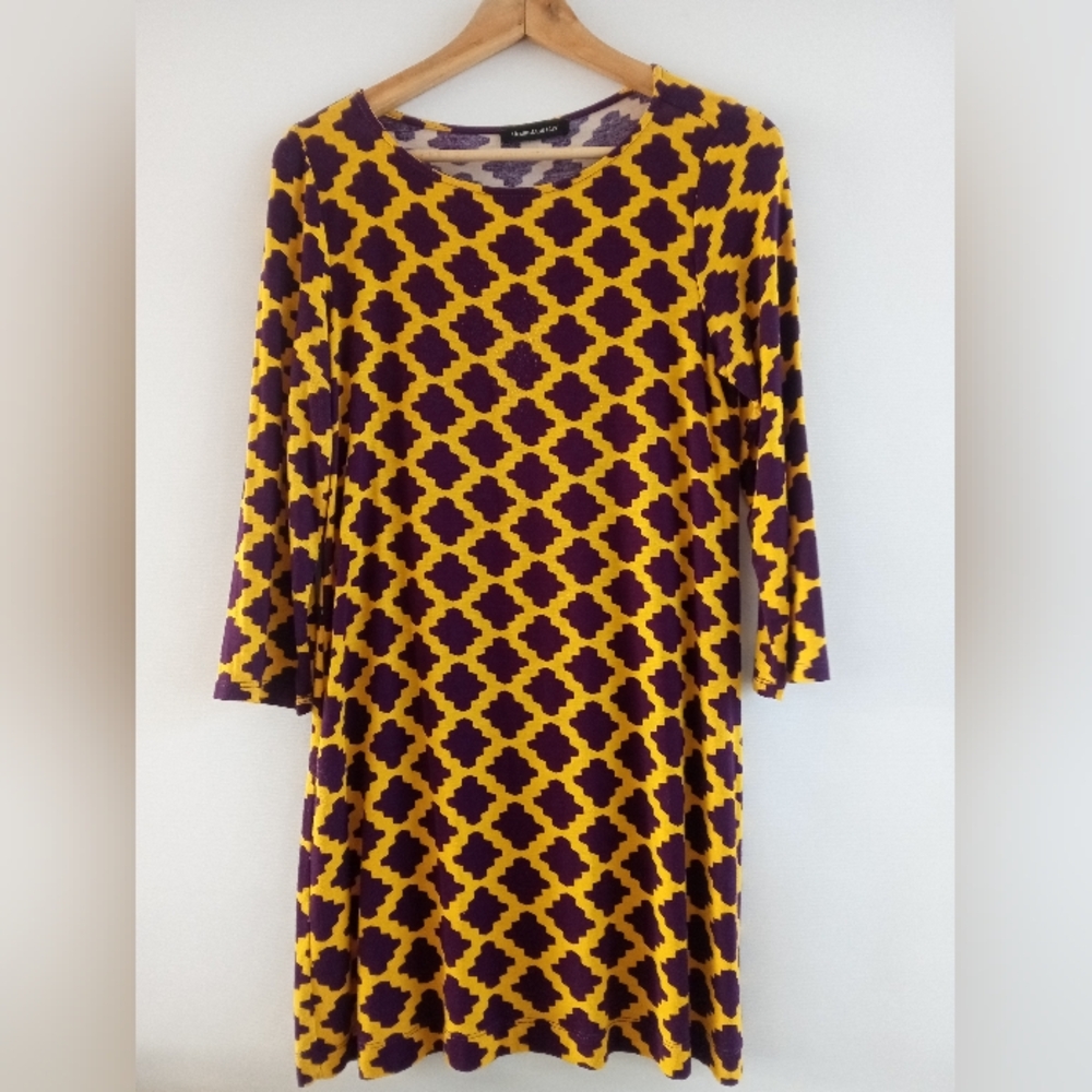 Hourglass Lilly Purple & Yellow Geometric Long Sleeve Shift Dress Size S